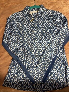 Blue Ikat-Pattern Long-Sleeve Tee with Stand Collar
